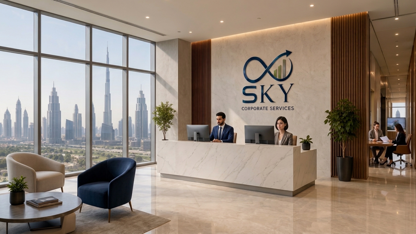 SKY Corporate Services reception with the Dubai skyline through the windows